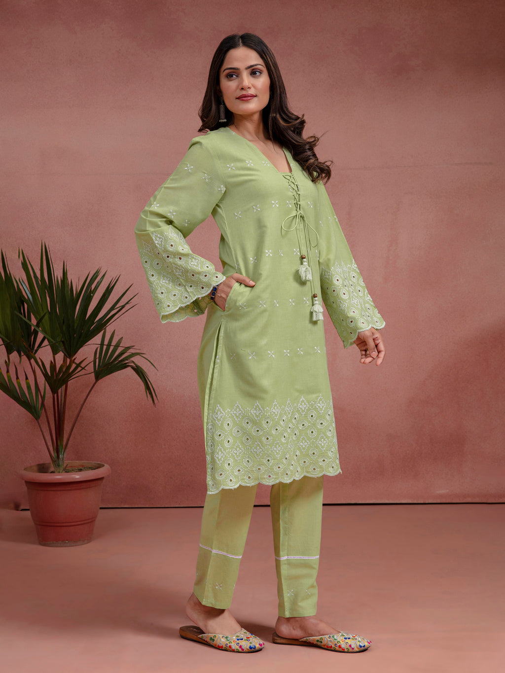 Green Cotton Embroidered A-Line Co-Ord Set