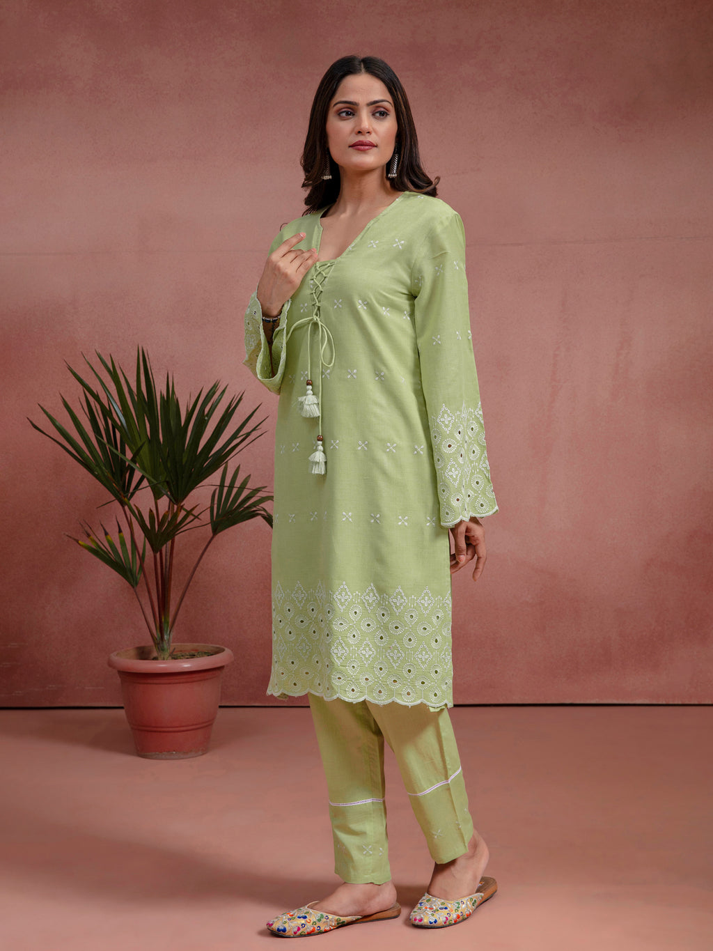 Green Cotton Embroidered A-Line Co-Ord Set