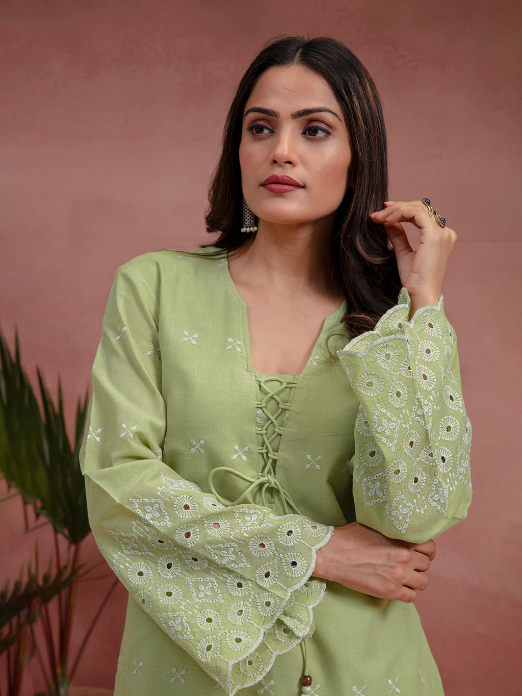 Green Cotton Embroidered A-Line Co-Ord Set