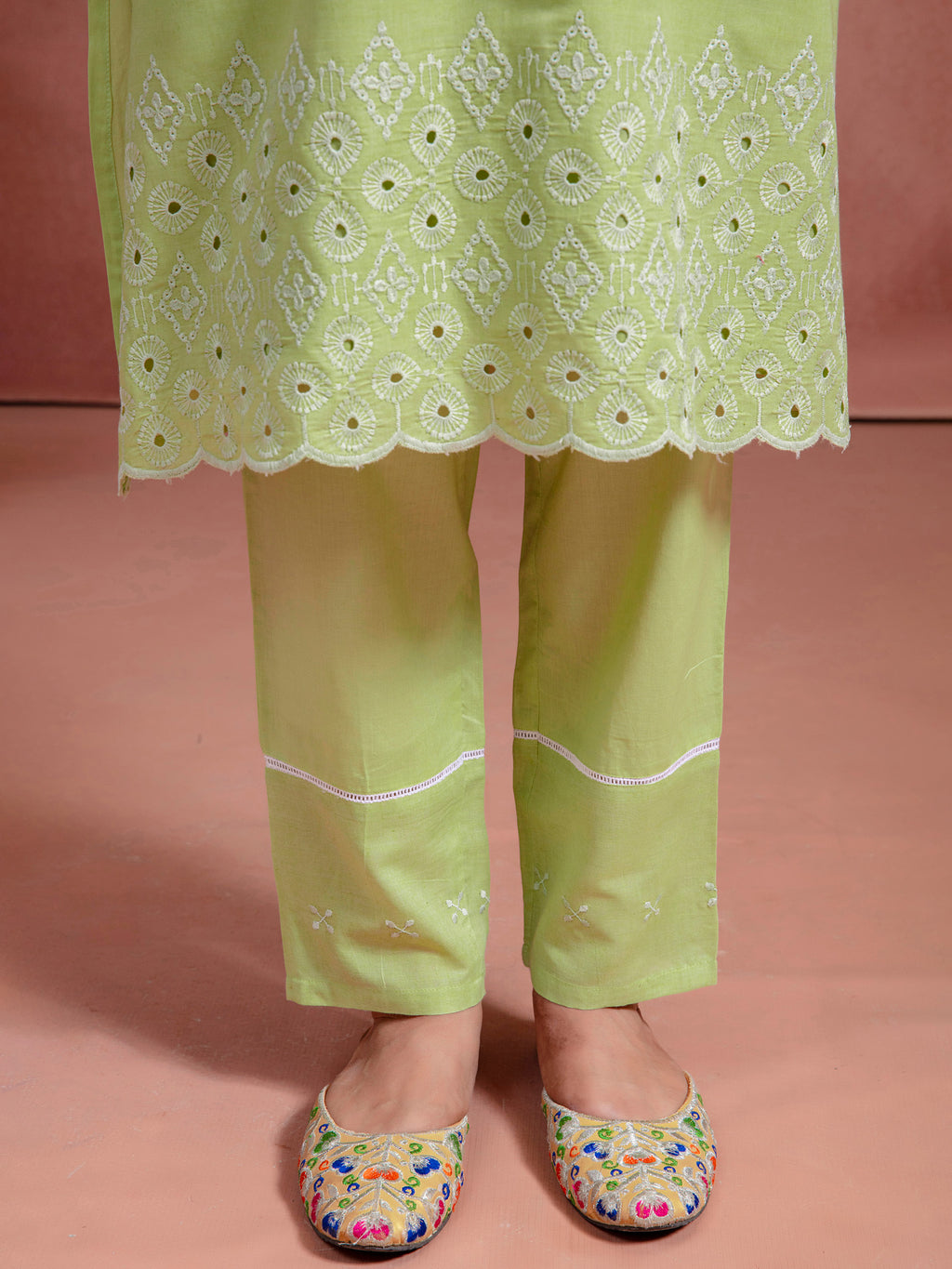 Green Cotton Embroidered A-Line Co-Ord Set