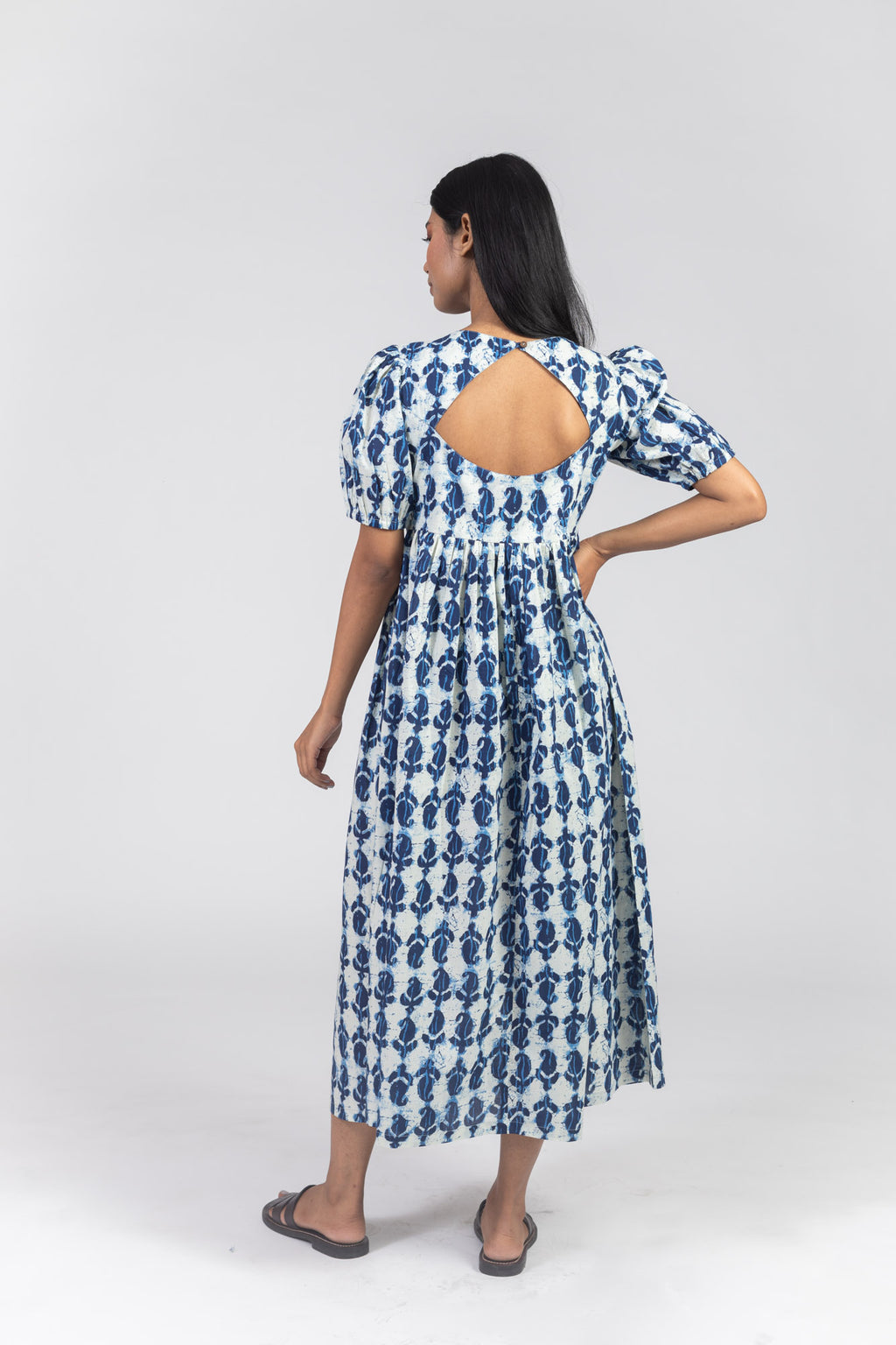 Blue Cotton Printed Flared Dress