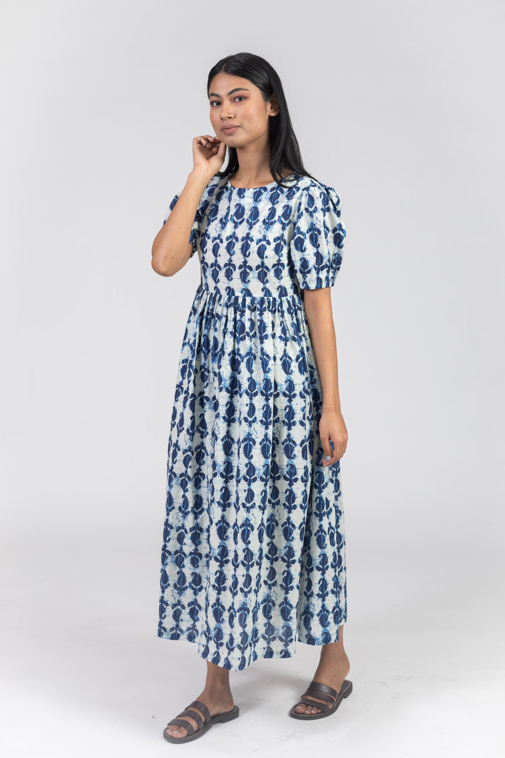 Blue Cotton Printed Flared Dress