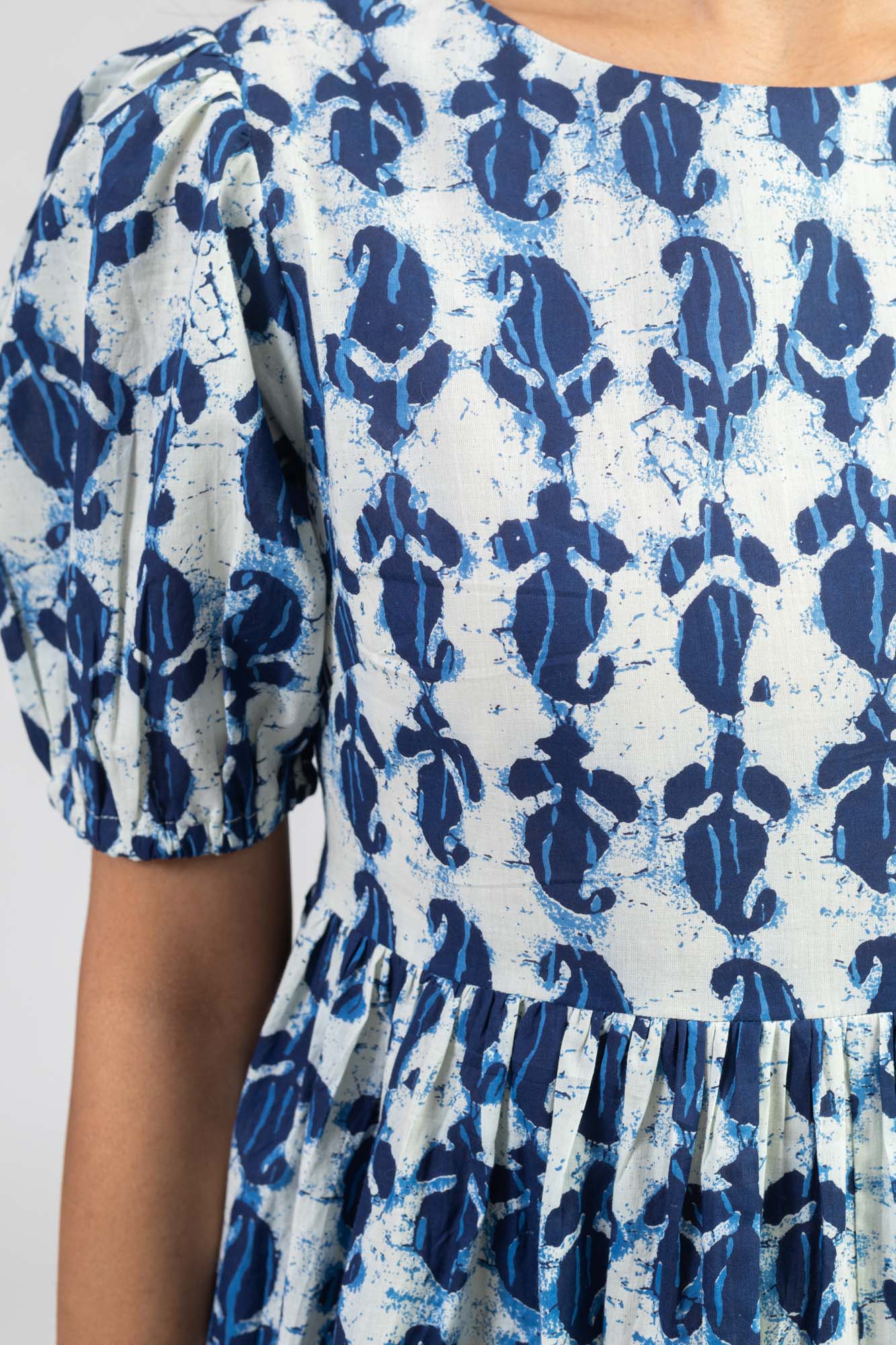 Blue Cotton Printed Flared Dress