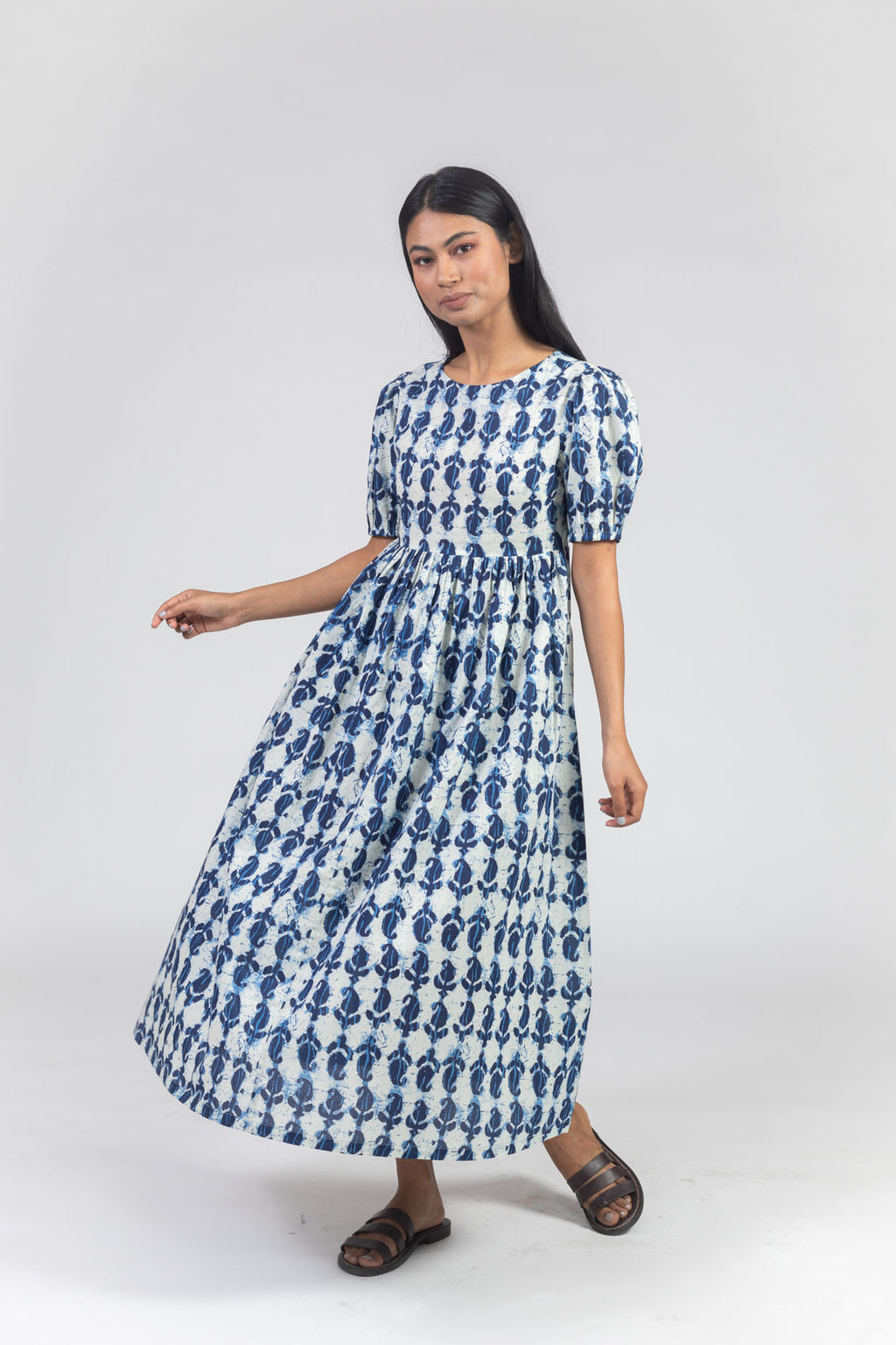 Blue Cotton Printed Flared Dress