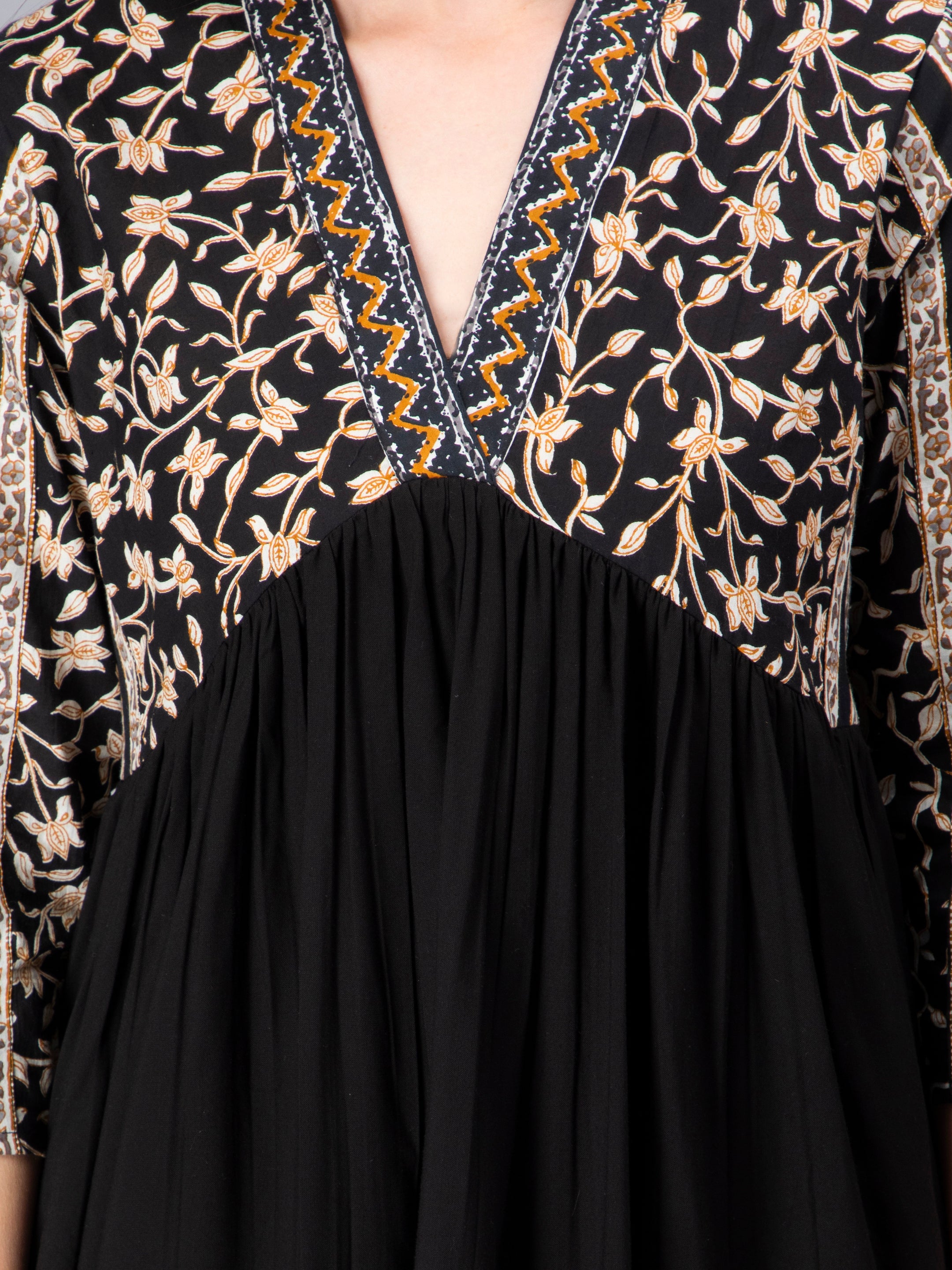 Black Cotton Floral Printed Flared Dress