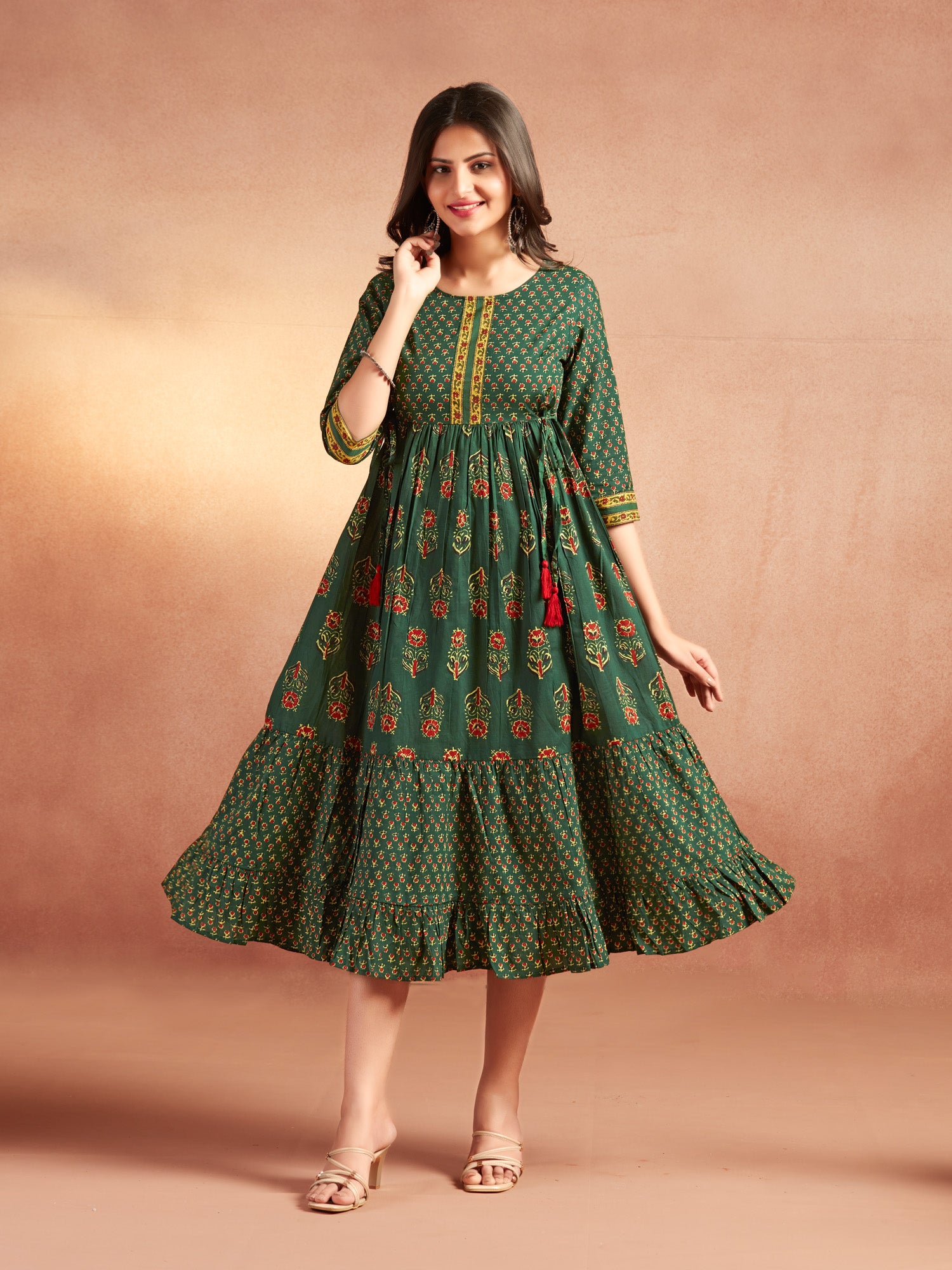 Dark Green Cotton Floral Printed Tiered Dress