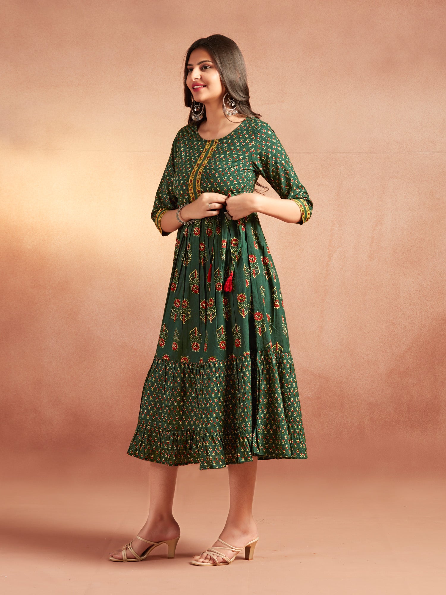 Dark Green Cotton Floral Printed Tiered Dress