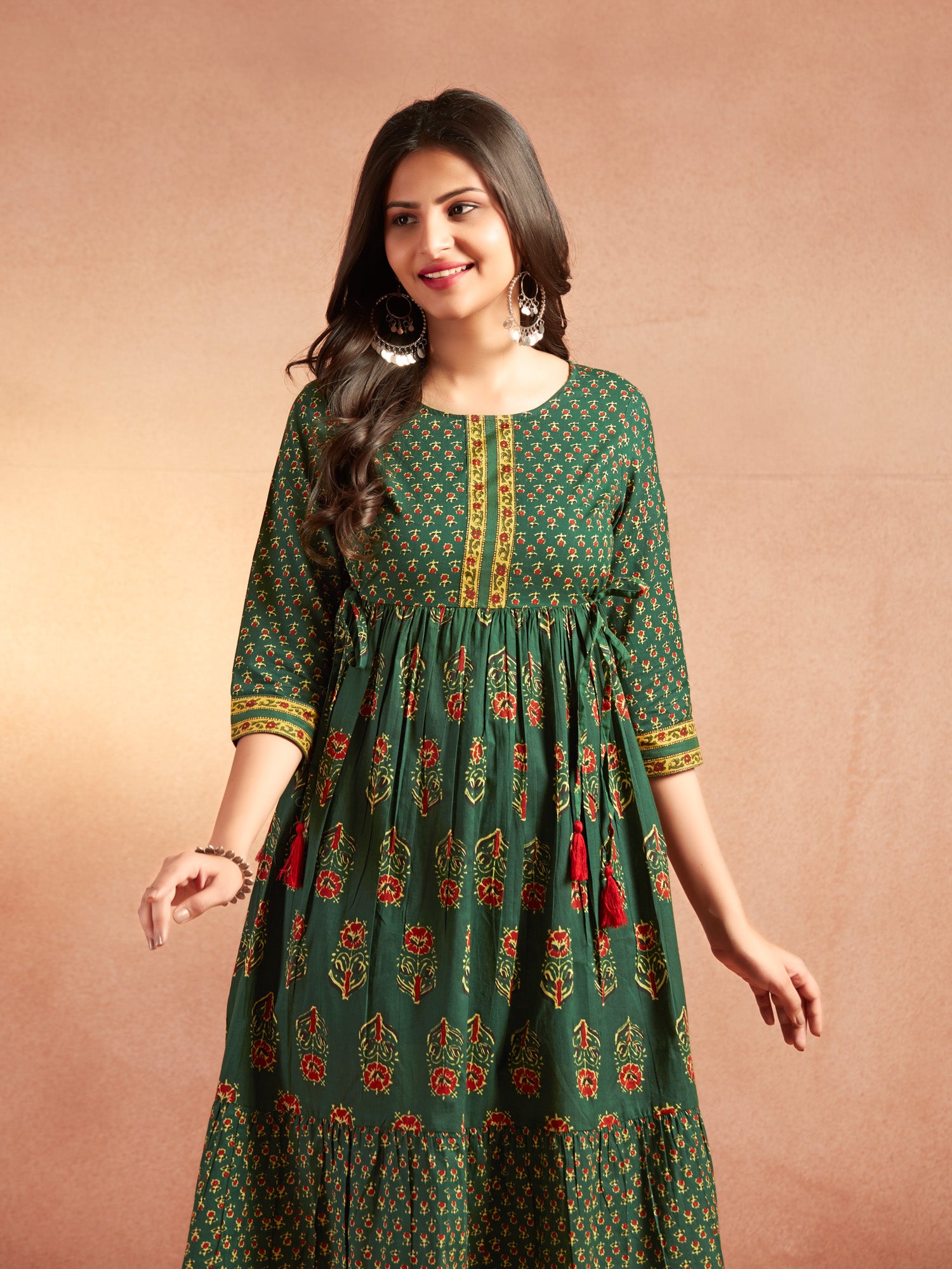 Dark Green Cotton Floral Printed Tiered Dress