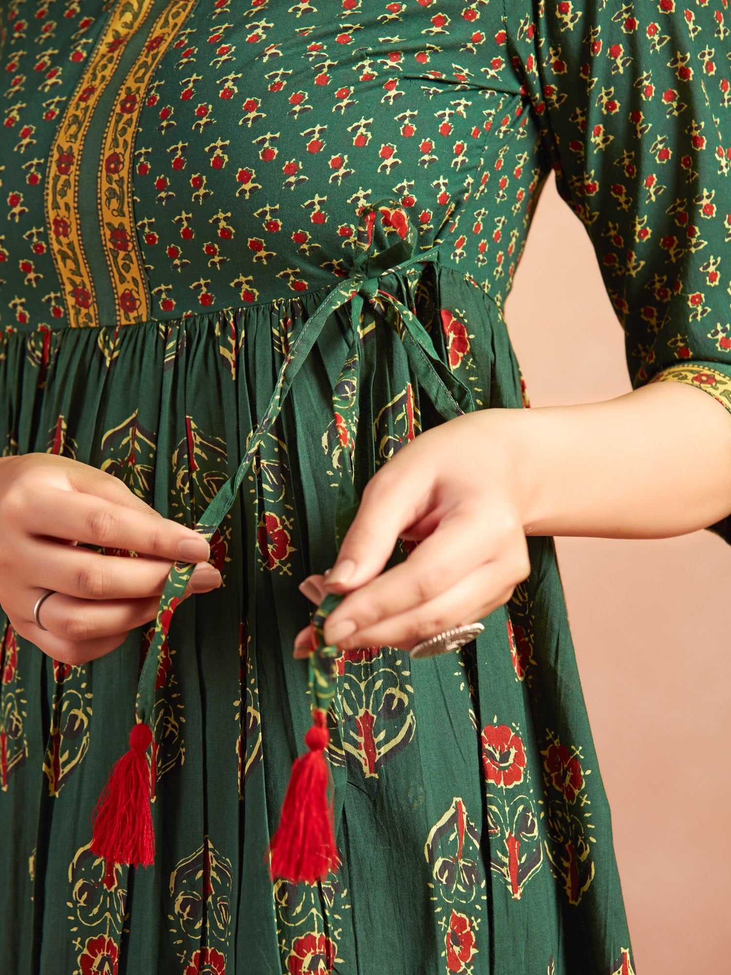 Dark Green Cotton Floral Printed Tiered Dress