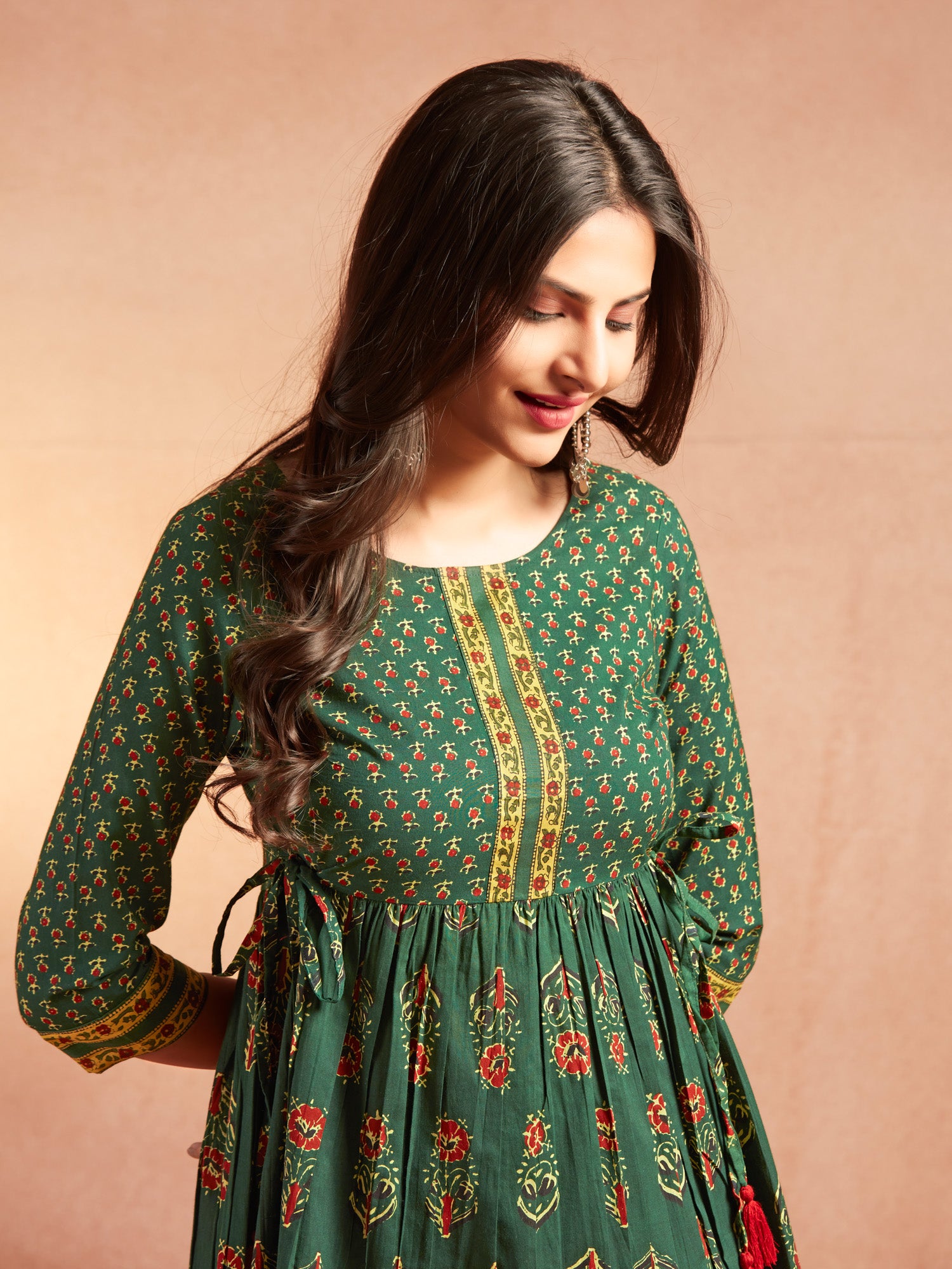 Dark Green Cotton Floral Printed Tiered Dress