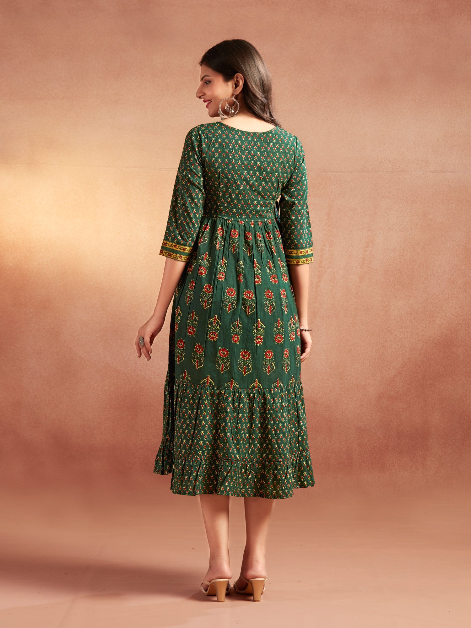 Dark Green Cotton Floral Printed Tiered Dress