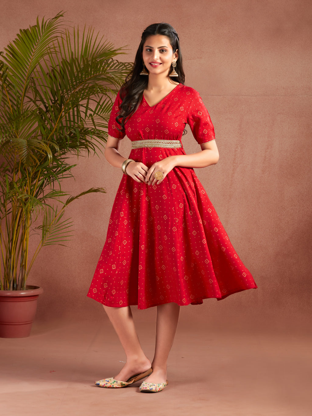 Red Viscose Printed Flared Dress