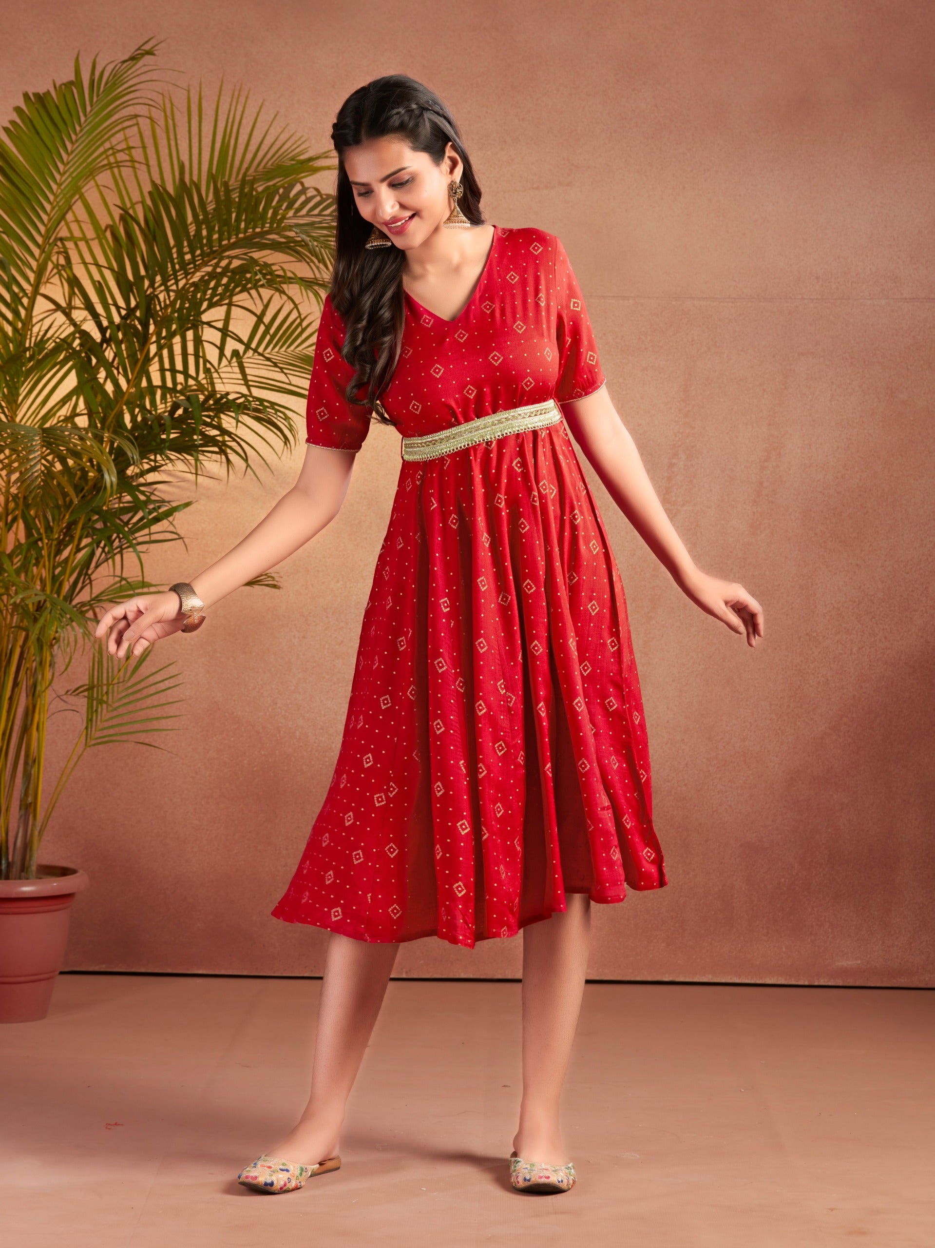 Red Viscose Printed Flared Dress