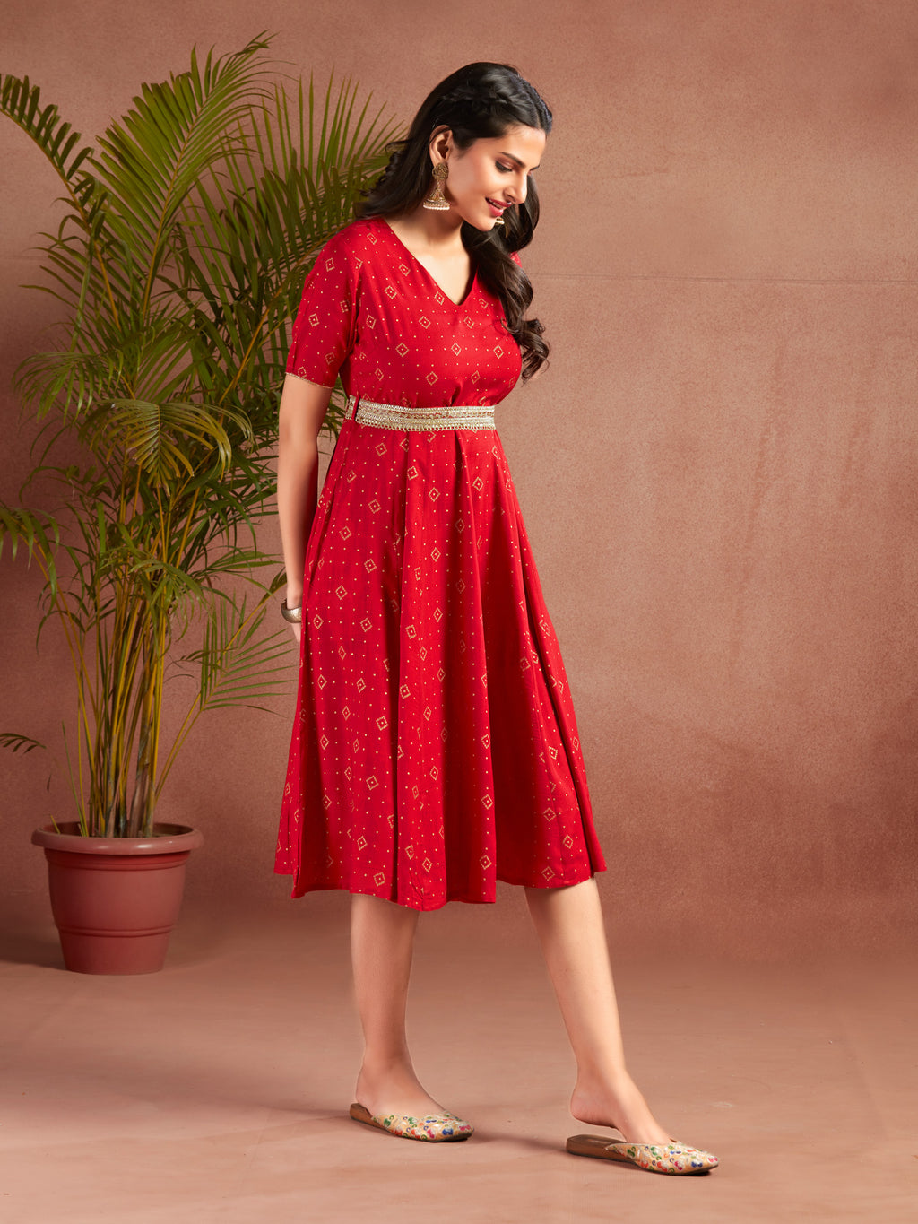 Red Viscose Printed Flared Dress