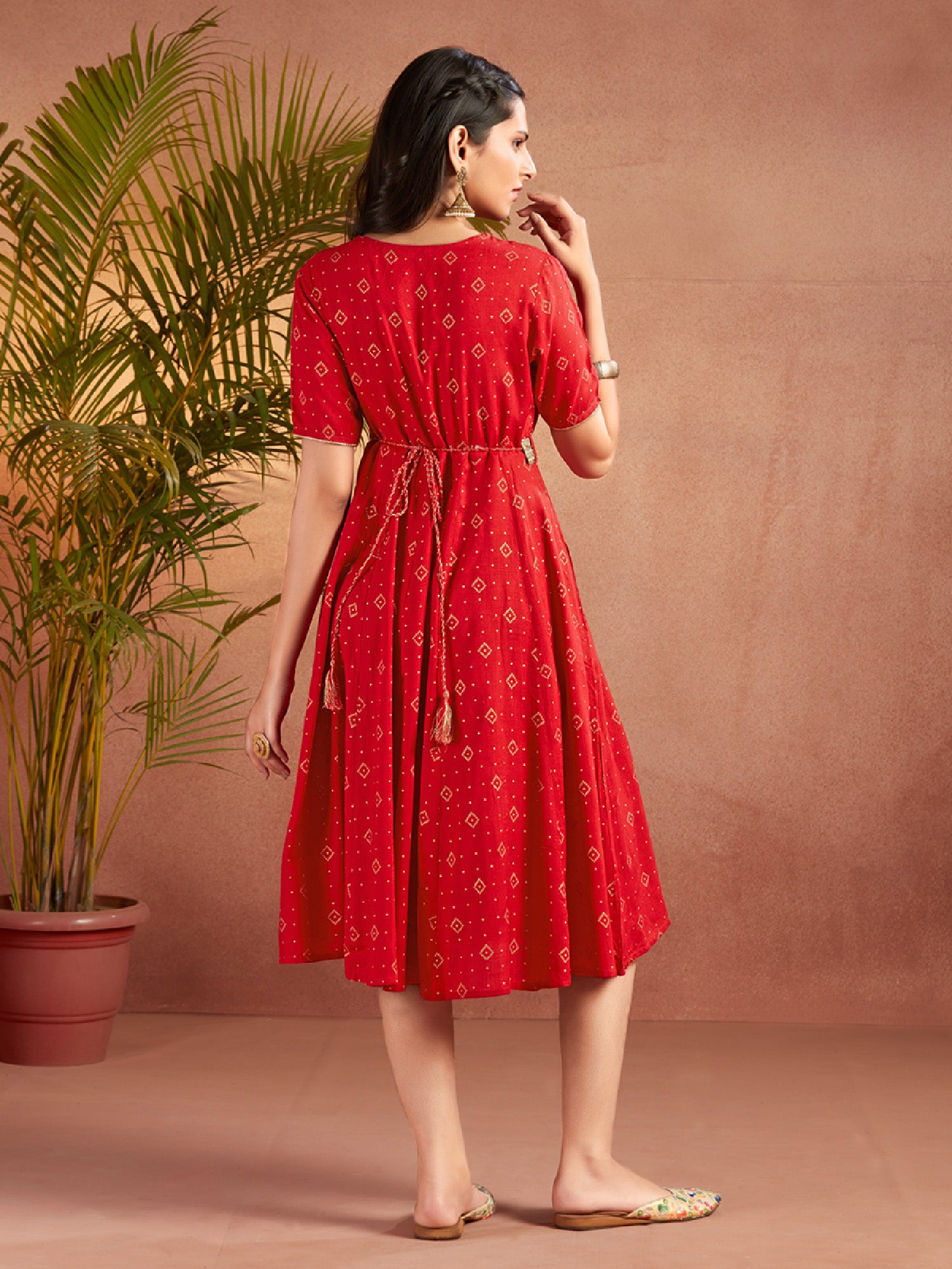 Red Viscose Printed Flared Dress