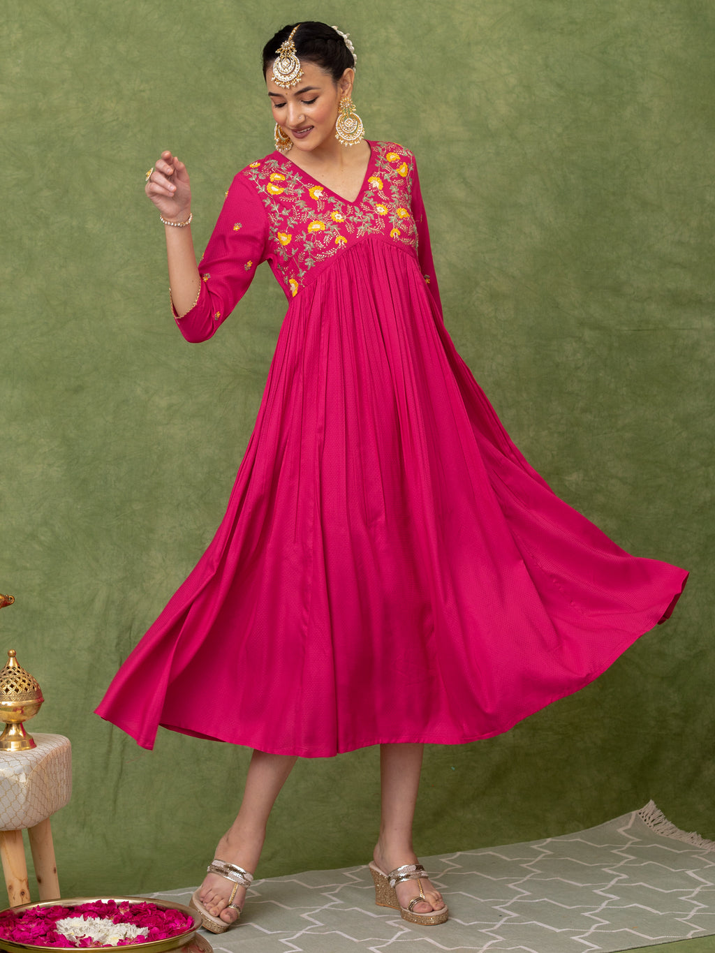 Pink Viscose Floral Embroidered A-line Dress