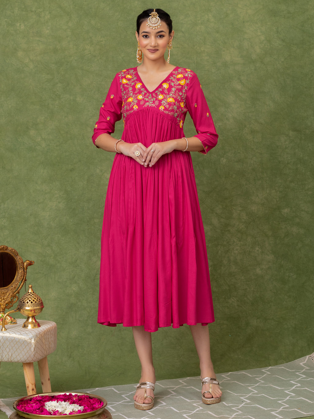 Pink Viscose Floral Embroidered A-line Dress