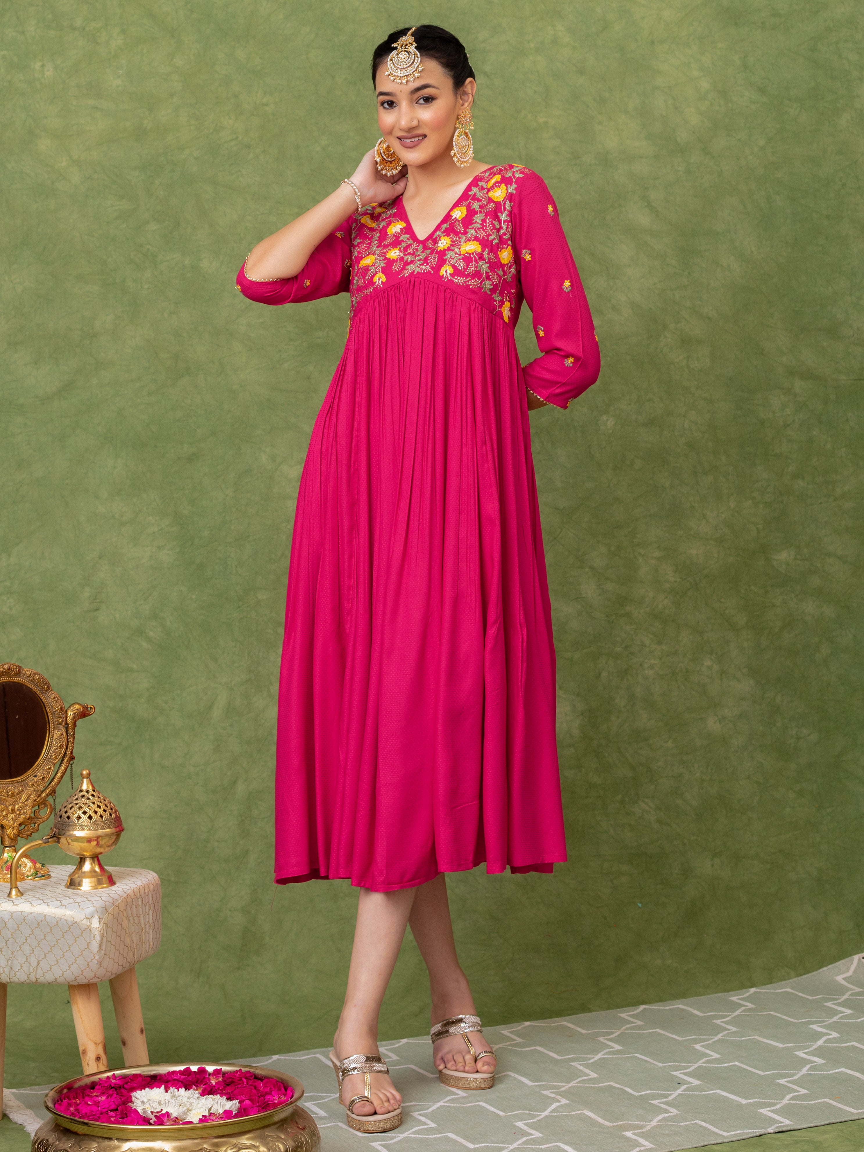 Pink Viscose Floral Embroidered A-line Dress