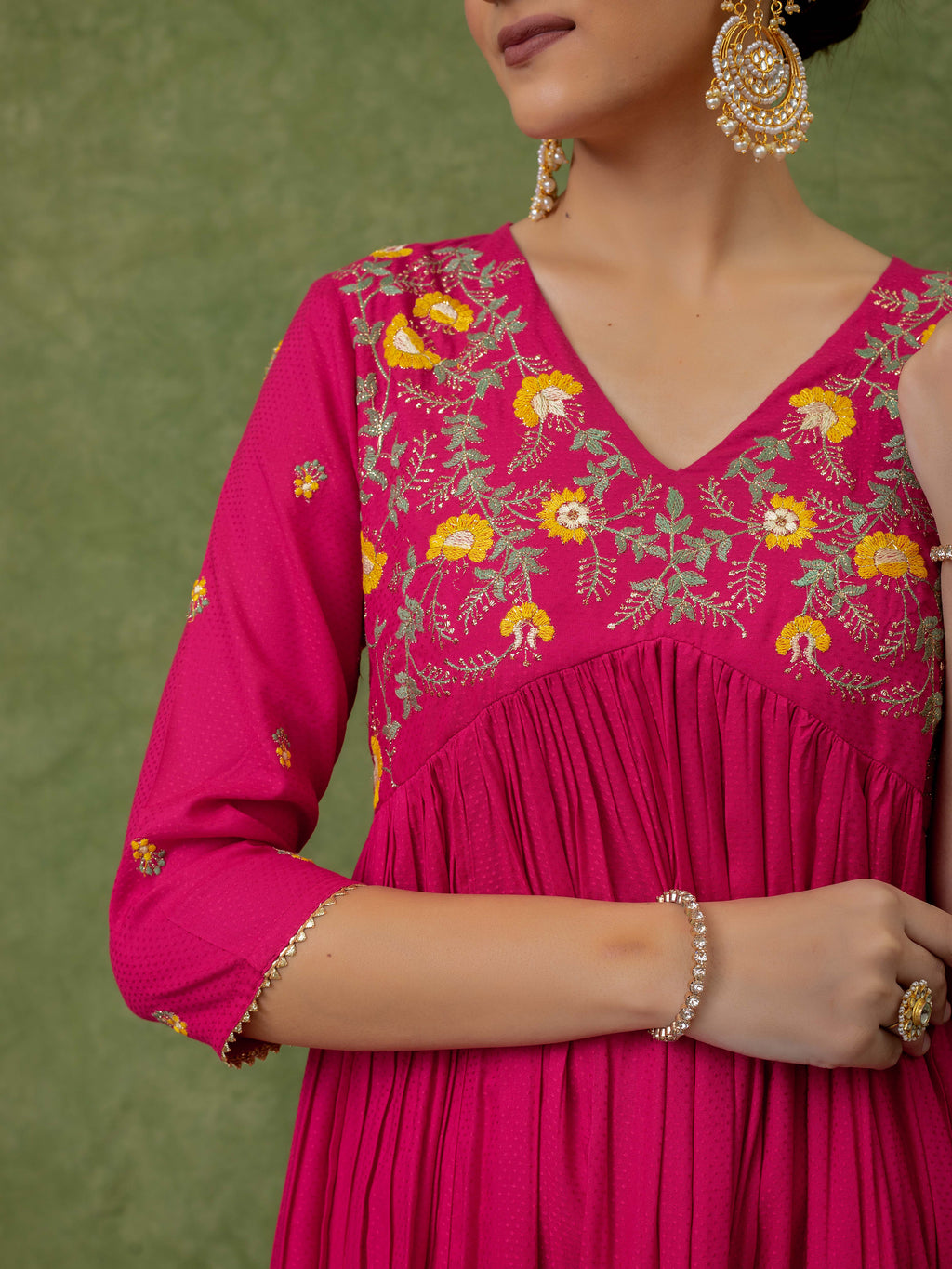 Pink Viscose Floral Embroidered A-line Dress