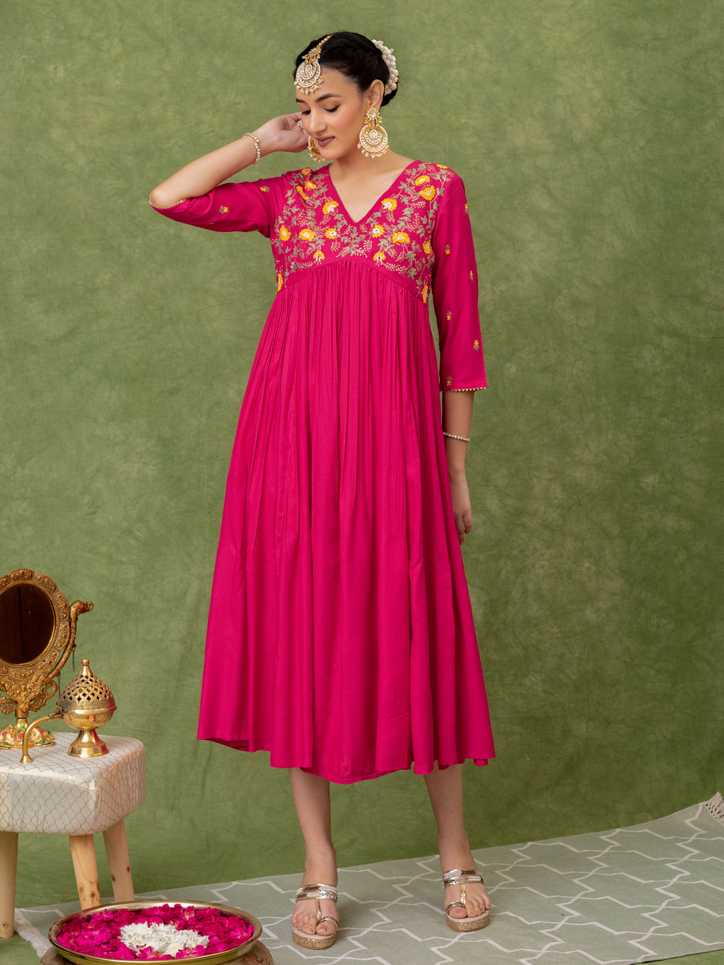 Pink Viscose Floral Embroidered A-line Dress