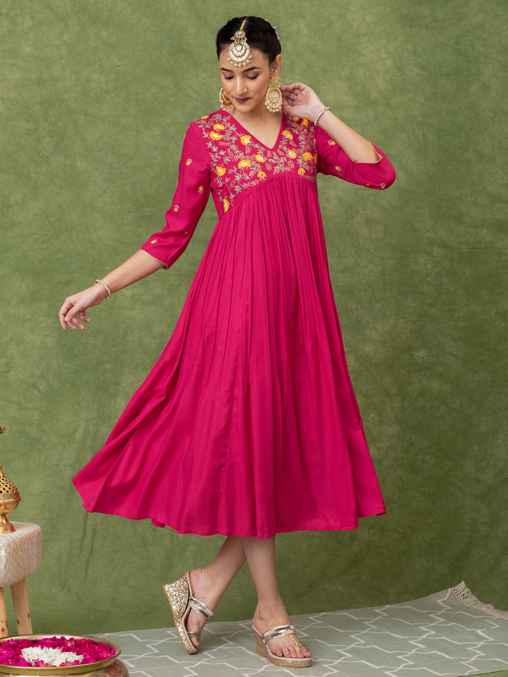 Pink Viscose Floral Embroidered A-line Dress