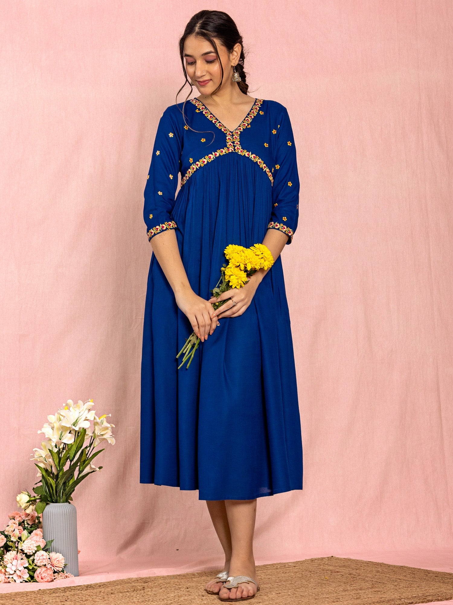 Blue Viscose Floral Embroidered Flared Dress