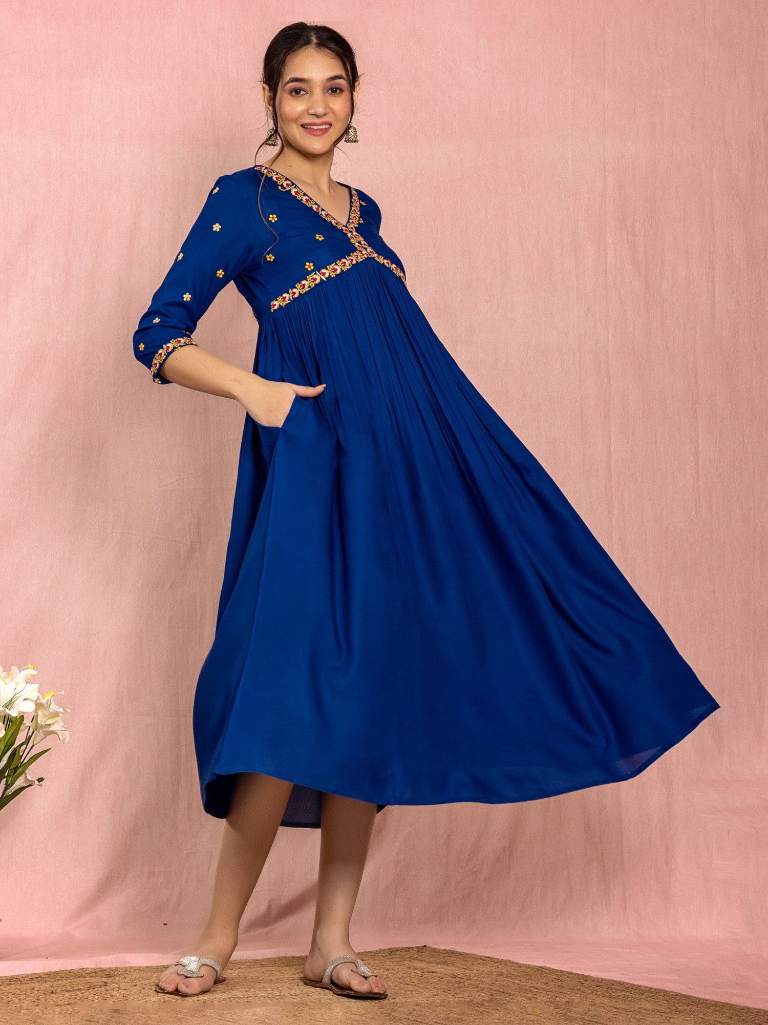 Blue Viscose Floral Embroidered Flared Dress