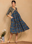 Blue Cotton Floral Printed A-line Dress