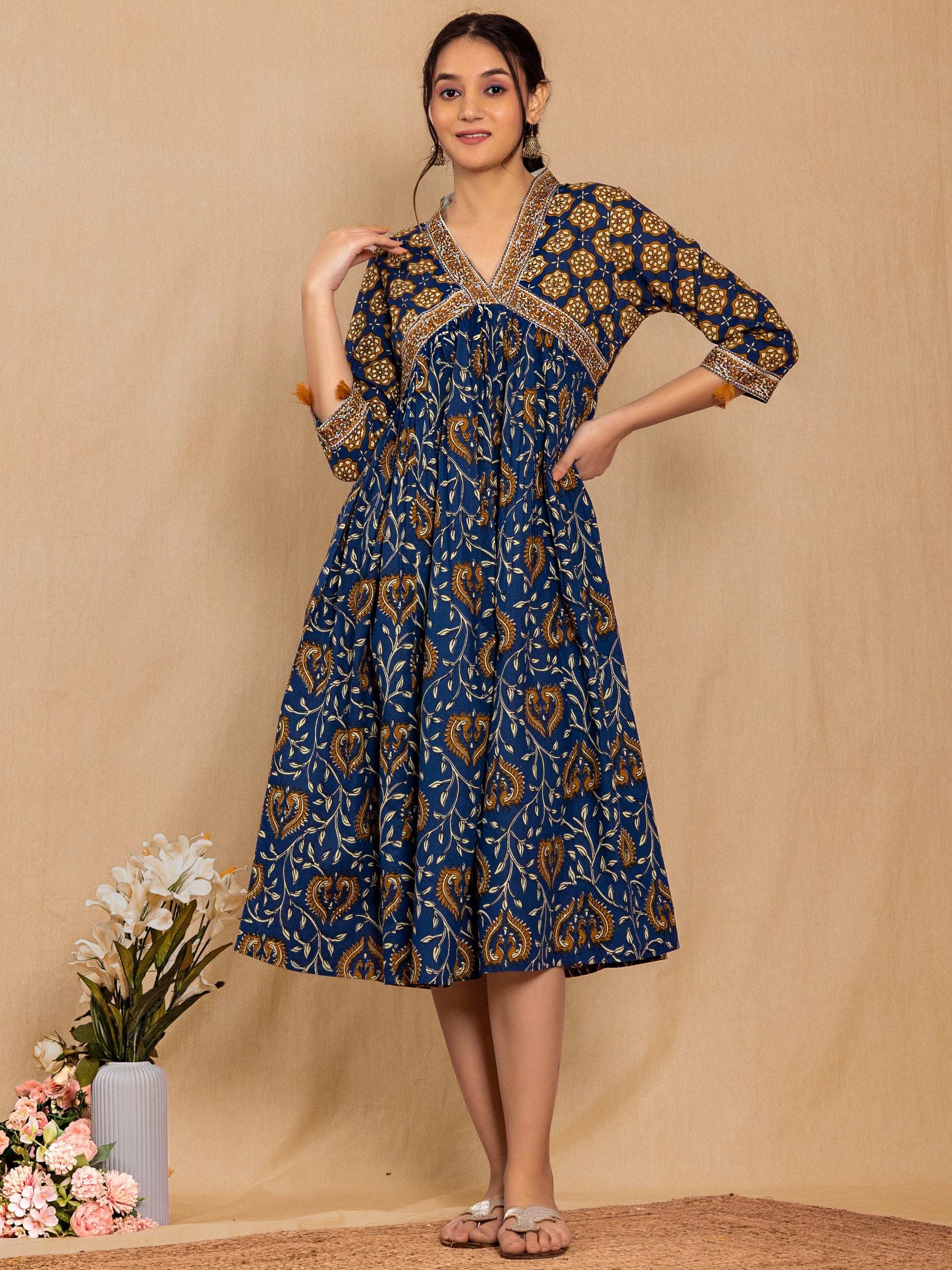 Blue Cotton Floral Printed A-line Dress