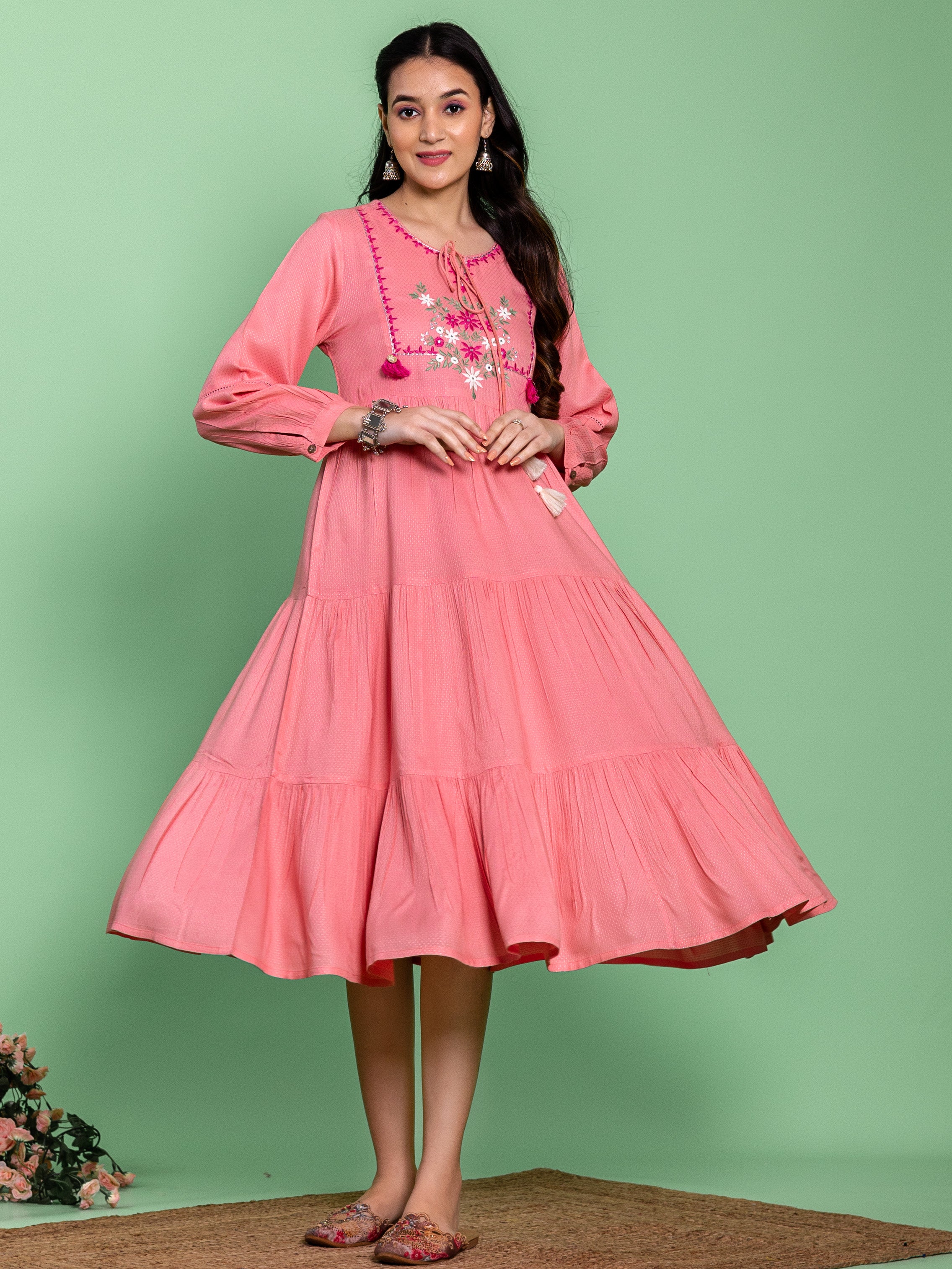 Pink Viscose Embroidered Tiered Dress