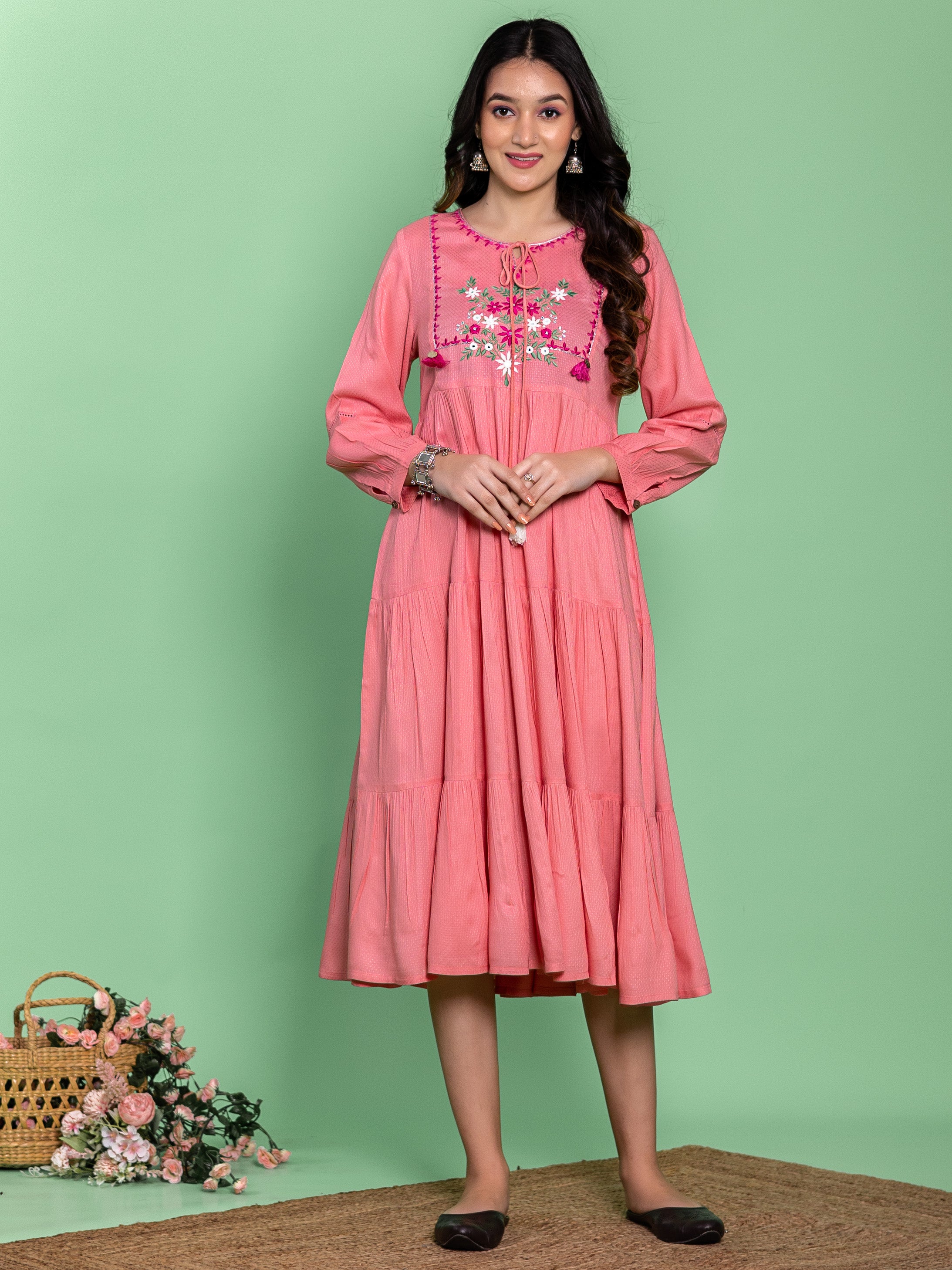 Pink Viscose Embroidered Tiered Dress
