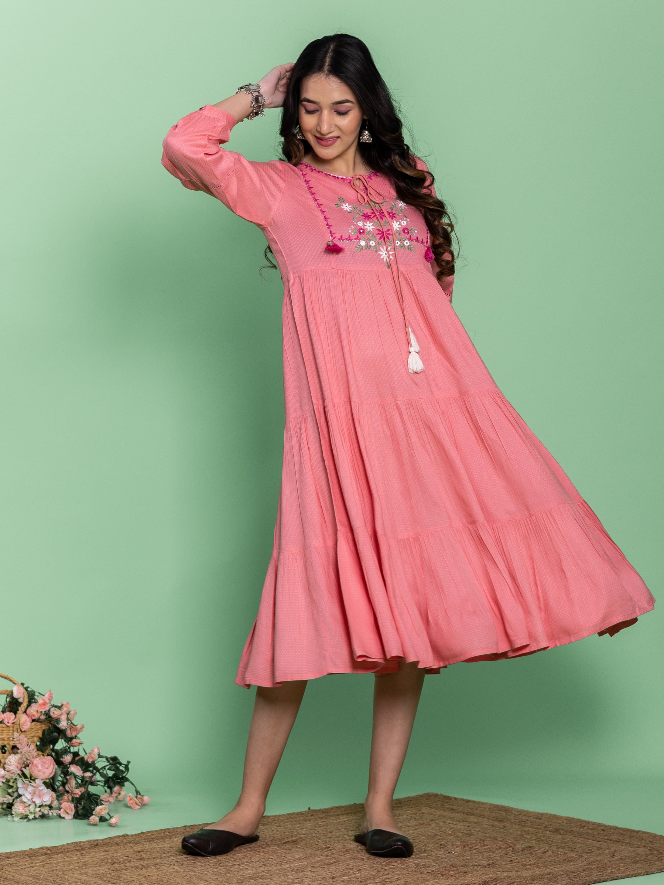 Pink Viscose Embroidered Tiered Dress
