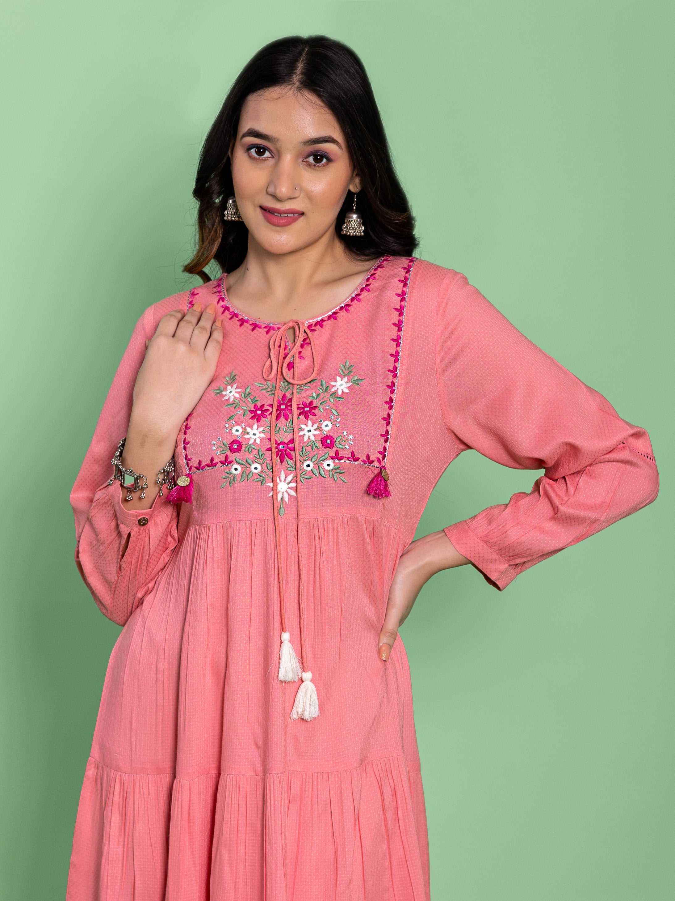 Pink Viscose Embroidered Tiered Dress