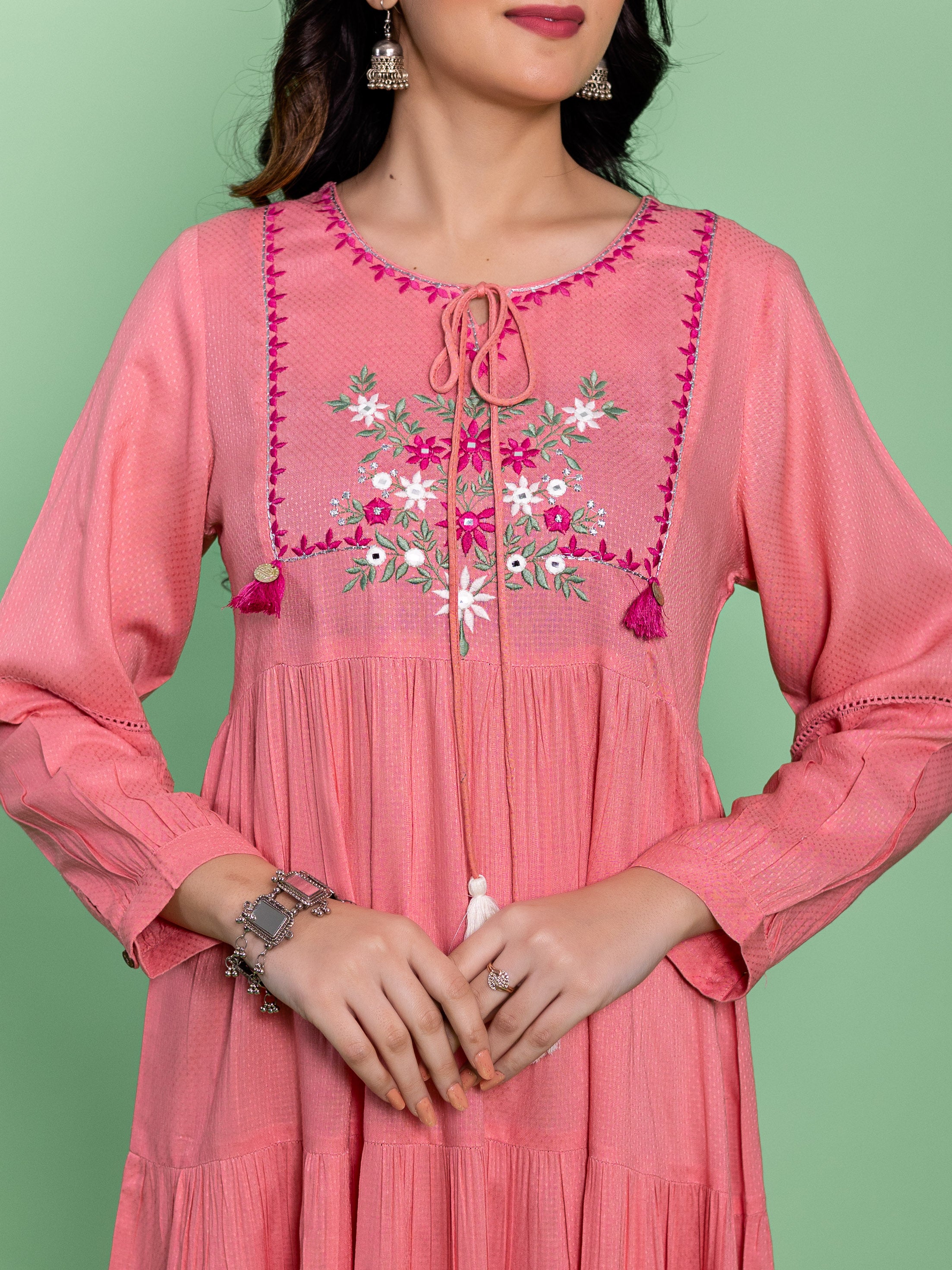 Pink Viscose Embroidered Tiered Dress