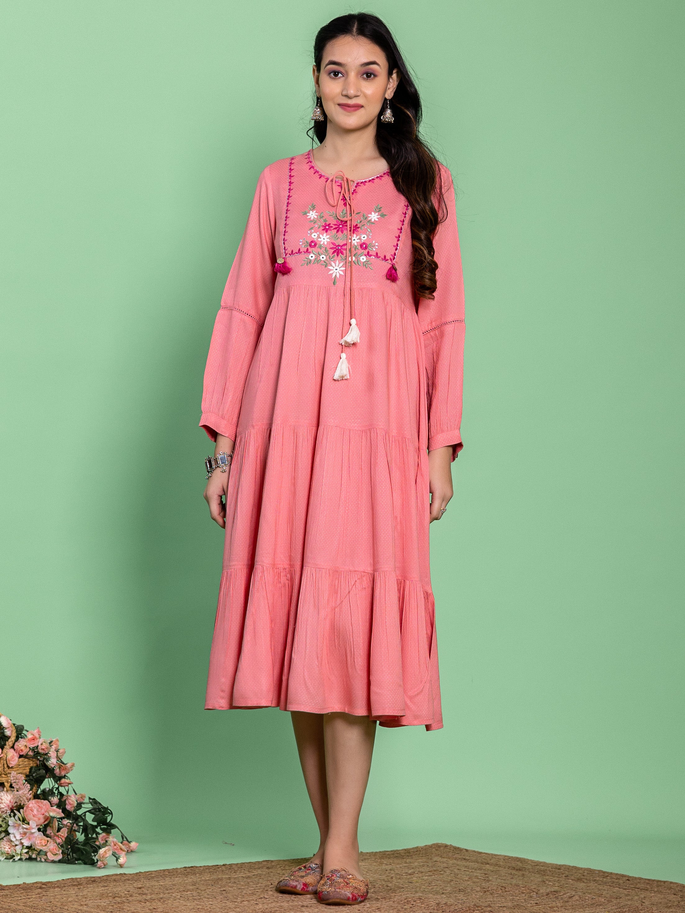 Pink Viscose Embroidered Tiered Dress