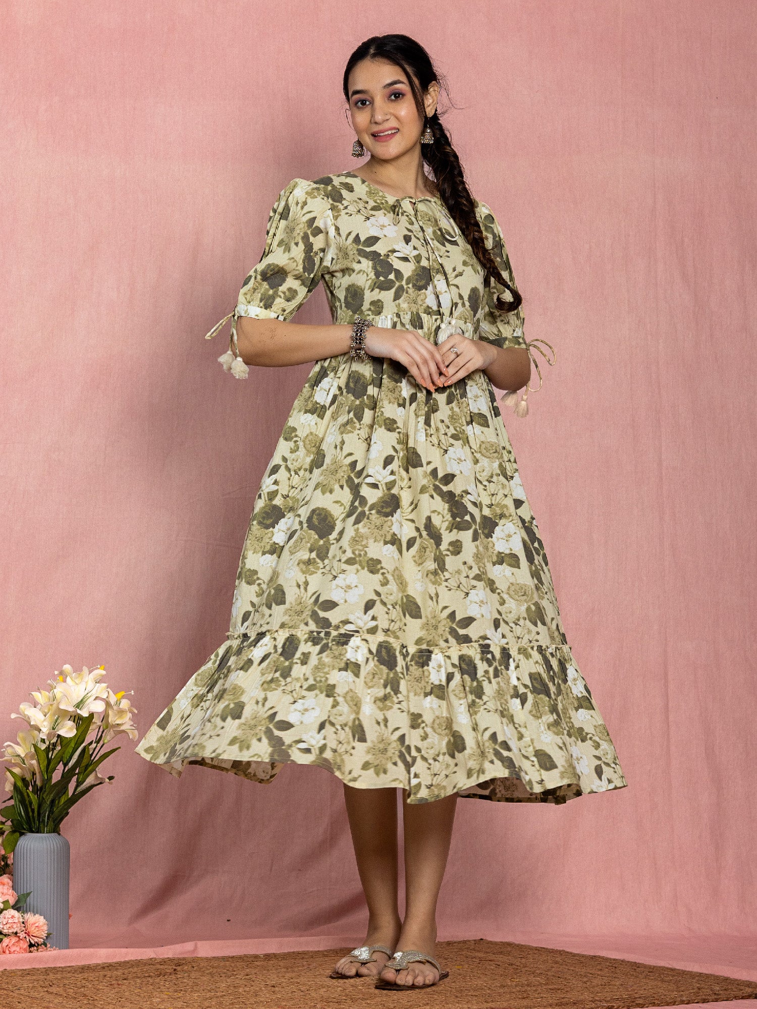Beige Cotton Floral Printed Flared Dress