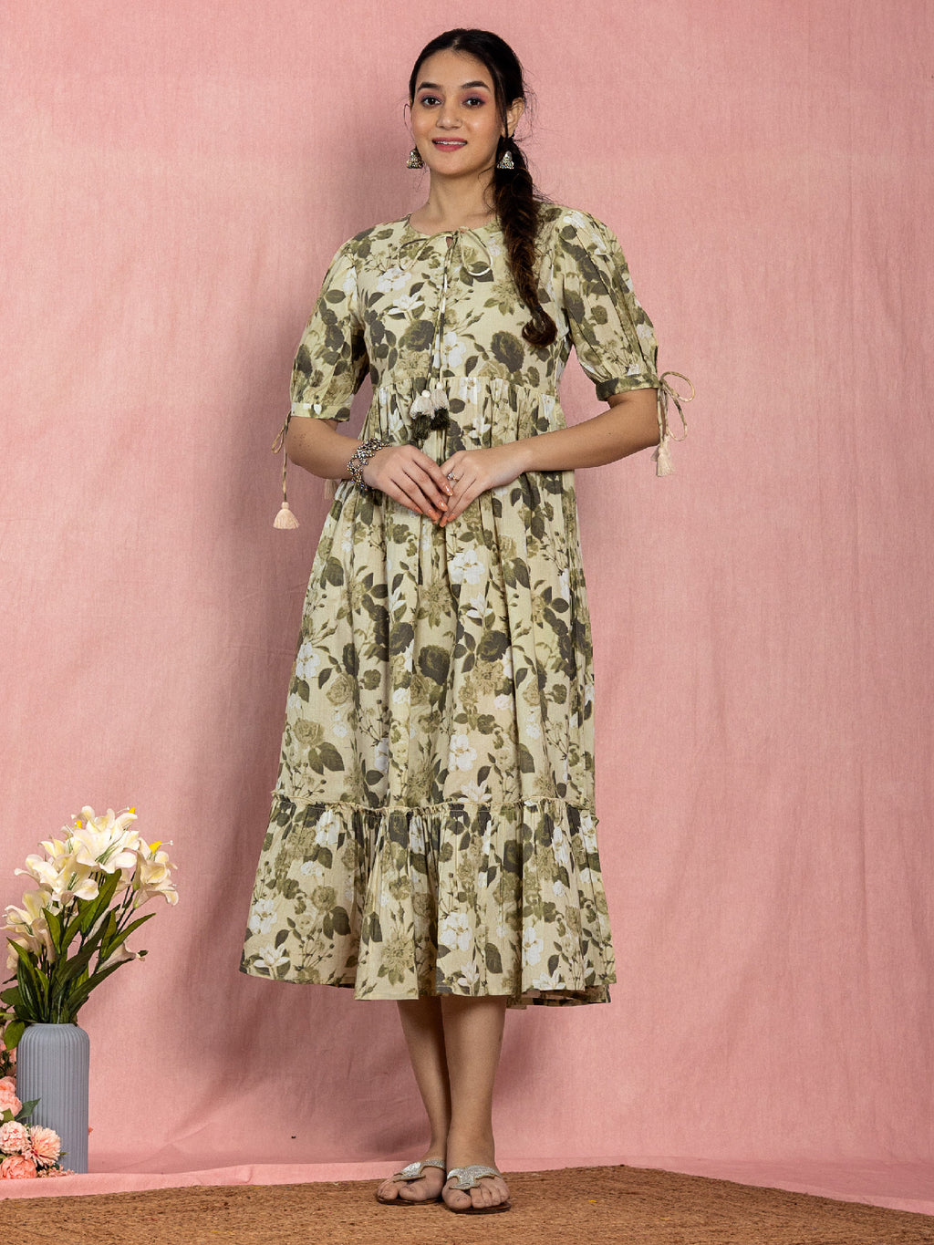 Beige Cotton Floral Printed Flared Dress