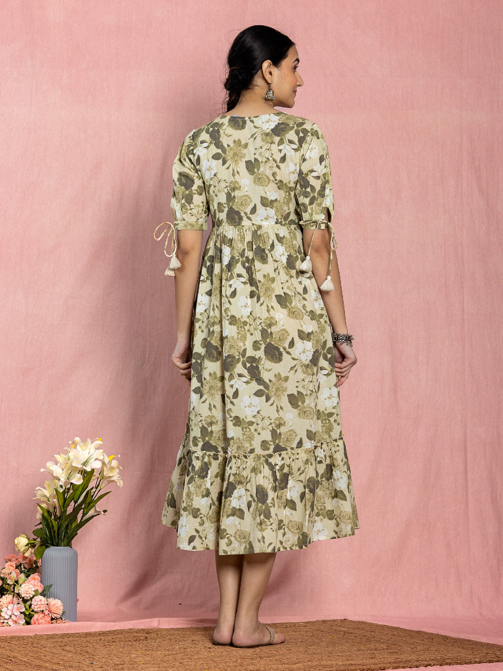 Beige Cotton Floral Printed Flared Dress