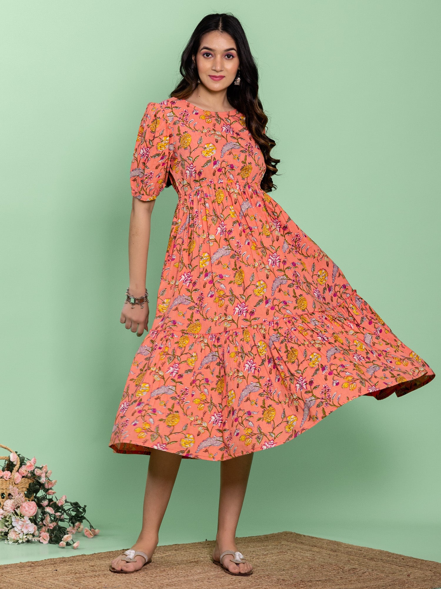 Peach Cotton Floral Printed Flared Dress