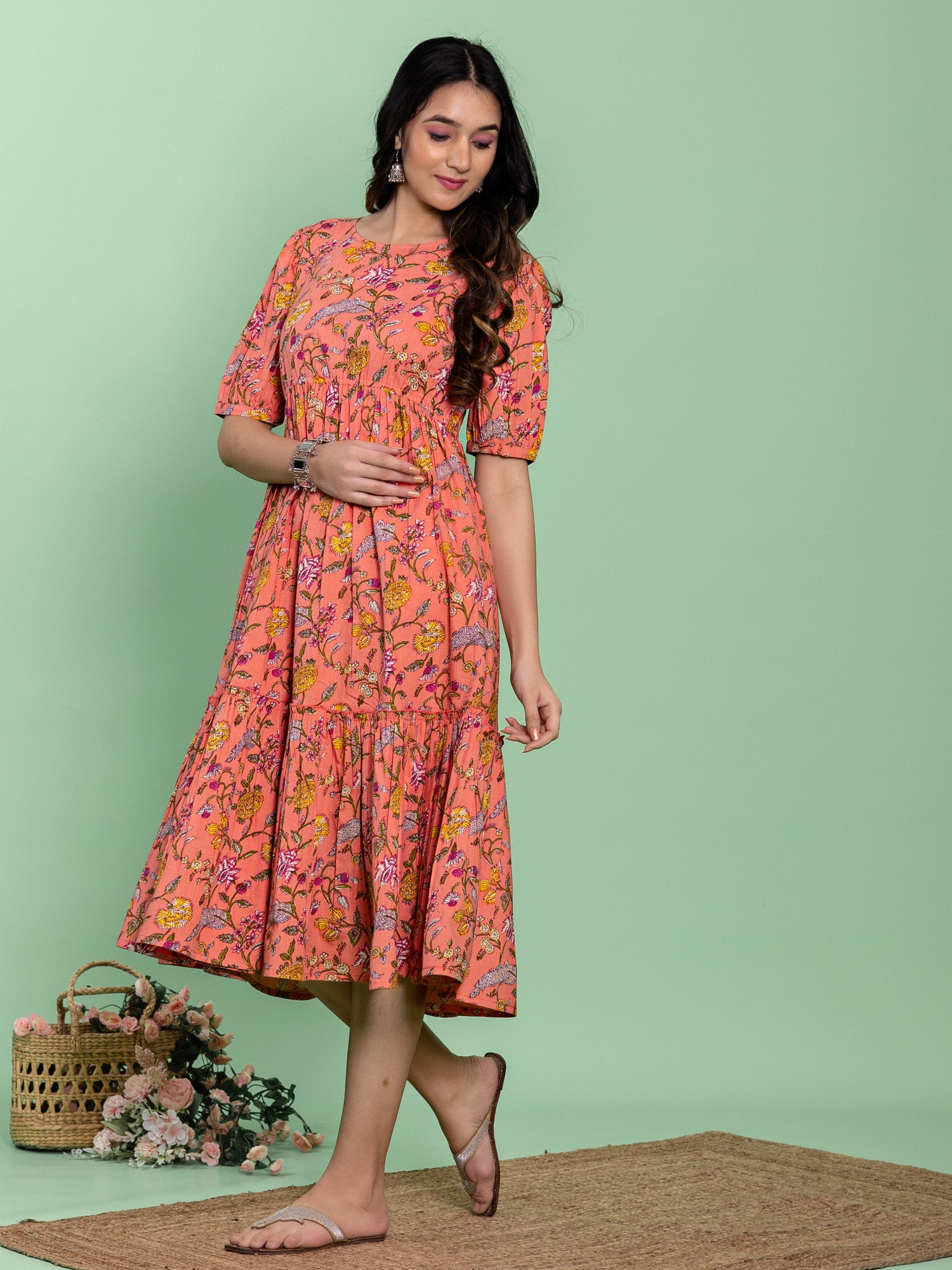 Peach Cotton Floral Printed Flared Dress