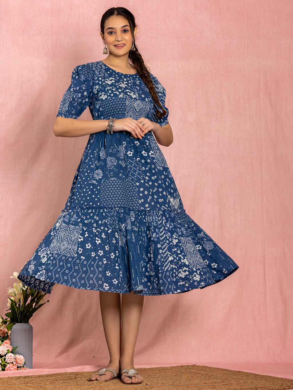 Blue Cotton Printed Flared Dress