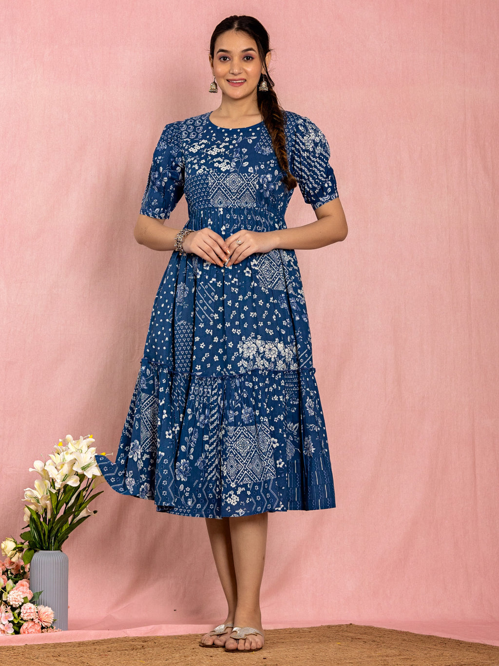 Blue Cotton Printed Flared Dress