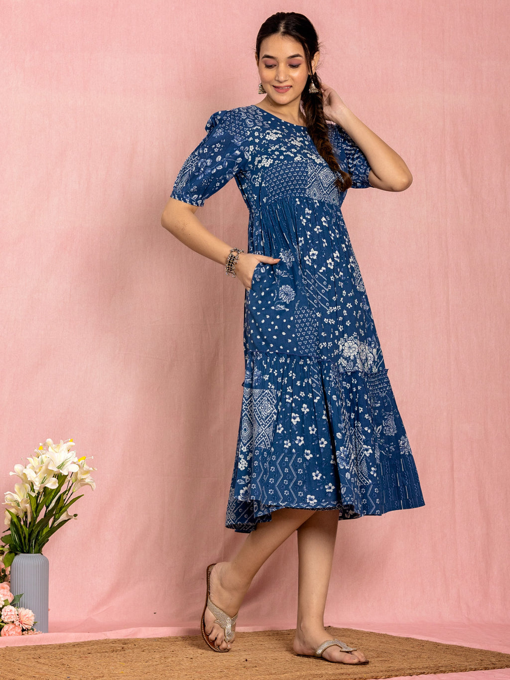 Blue Cotton Printed Flared Dress