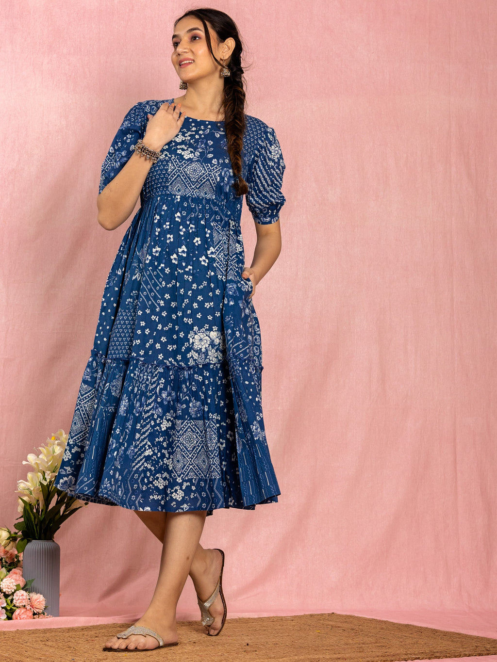 Blue Cotton Printed Flared Dress