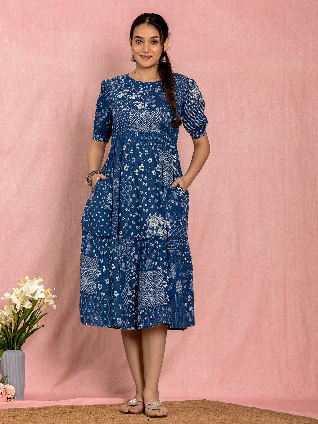 Blue Cotton Printed Flared Dress