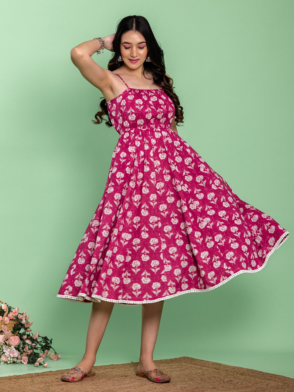 Pink Cotton Floral Printed Flared Dress