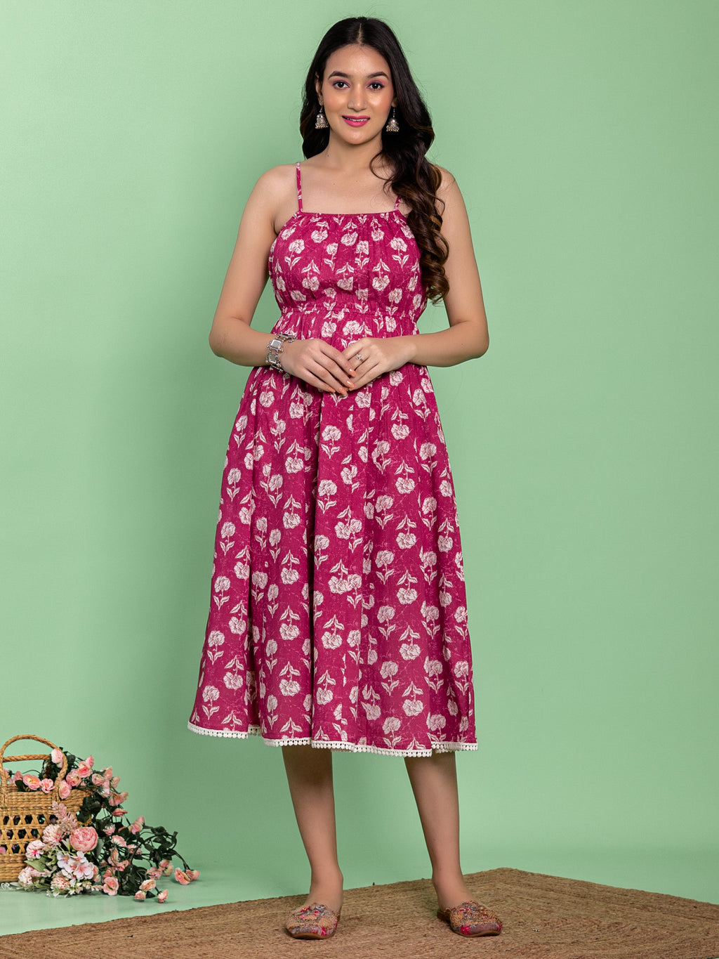 Pink Cotton Floral Printed Flared Dress