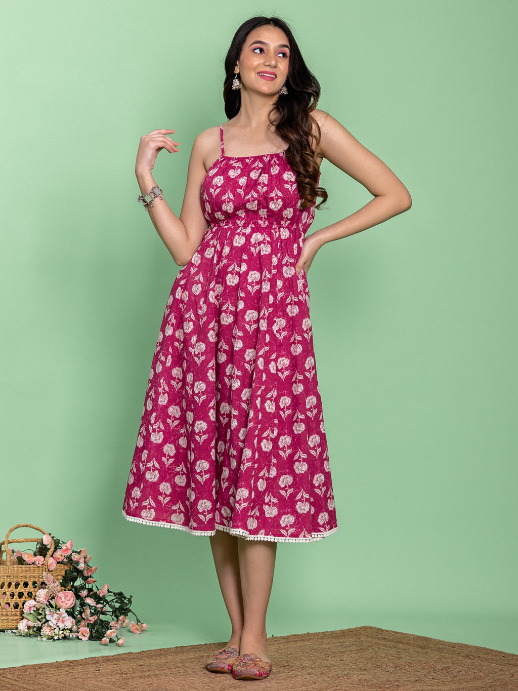 Pink Cotton Floral Printed Flared Dress