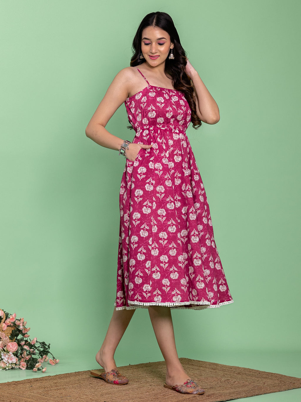 Pink Cotton Floral Printed Flared Dress