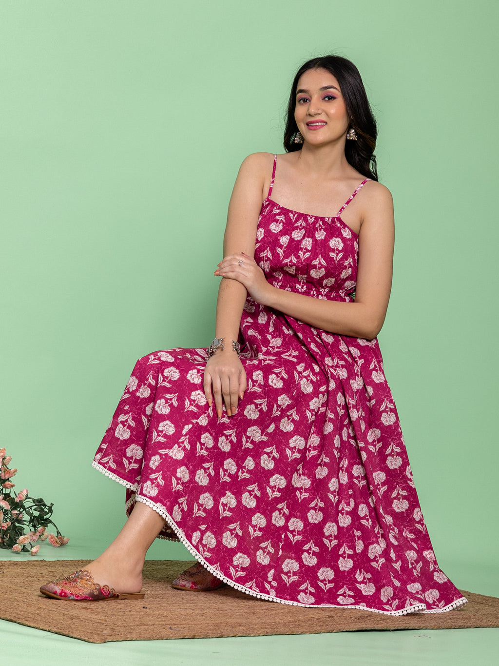 Pink Cotton Floral Printed Flared Dress